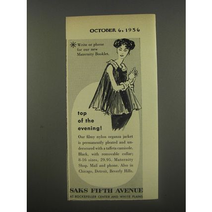 1956 Saks Fifth Avenue Maternity Fashion Ad - Top of the evening