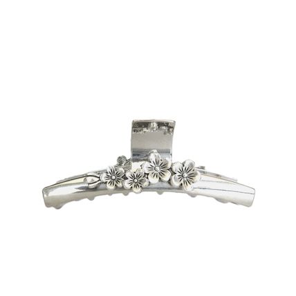 Long silver tone flower metal hair claw clip