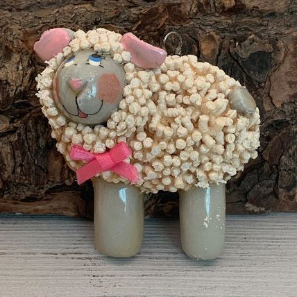 Darling VTG 70s Salt Dough Ornament Girl Sheep W Blue Eyes Pink Cheeks Ears 2.25