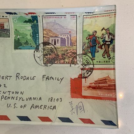Heidi Rodale Glass Decoupage Tray "Postage Stamps" Robert Rodale Signed 2007 10"
