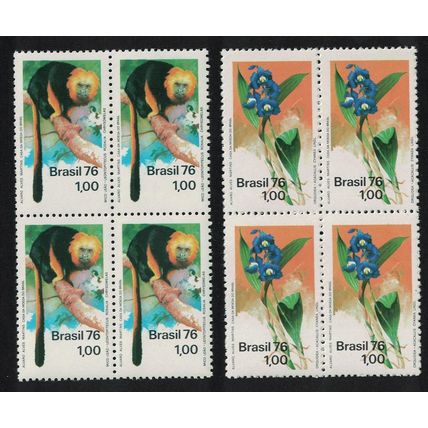 Brazil Nature Protection Tamarin Orchid 2v in blocks of 4 1976 MNH