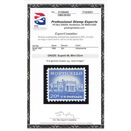 1047, Mint Superb NH 20¢ - With Graded 98 PSE Certificate - Stuart Katz