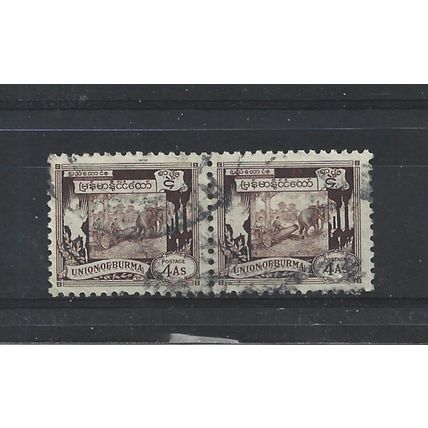 Burma.SG108 4a Elephant hauling log (Brown) Pair.Fine Used.Jul25b