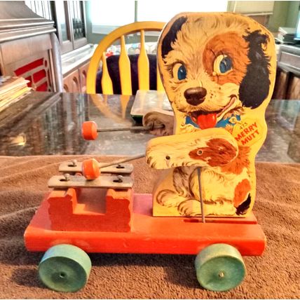 Old Vintage Original Fisher Price Merry Mutt #473 8 1/4" Tall Working 1949