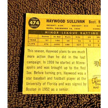 1960 Topps 474 Haywood Sullivan Boston Red Sox Catcher 7.0 NM Shape No Creases