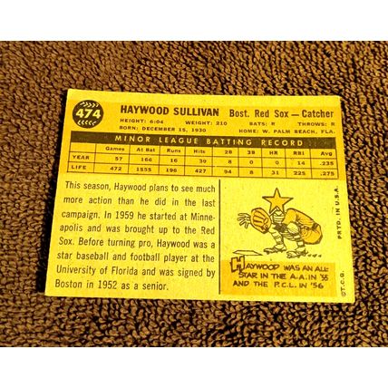 1960 Topps 474 Haywood Sullivan Boston Red Sox Catcher 7.0 NM Shape No Creases