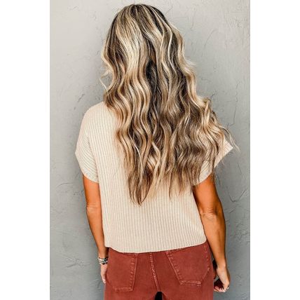 Oatmeal Patch Pocket Ribbed Knit Short Sleeve Sweater