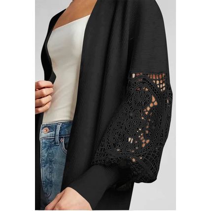 Black Crochet Lace Sleeve Ribbed Knit Cardigan