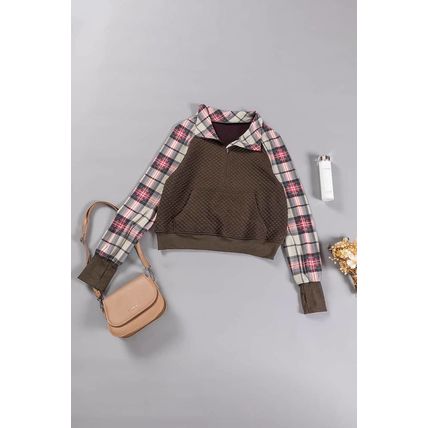 Khaki Printed Plaid Sleeve Patchwork Collared Textured Sweatshirt