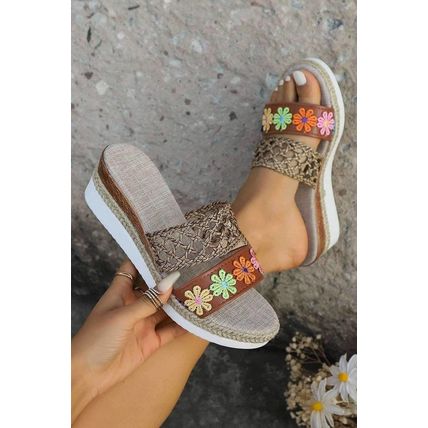 White Floral Print Braided Details Wedge Slippers