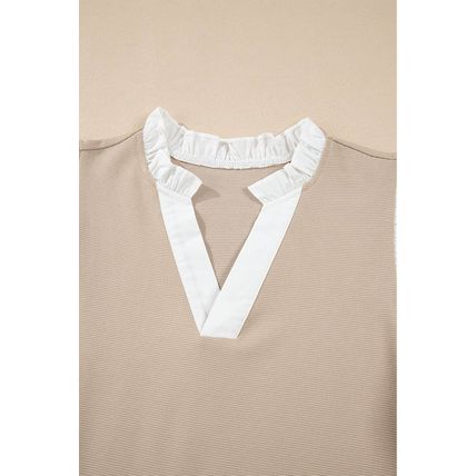 Pale Khaki Contrast V Neck Ruffled Textured Knit Top