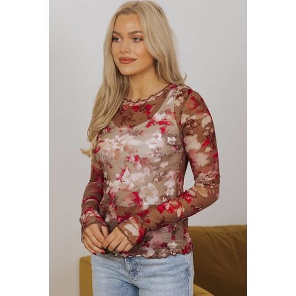 Red Floral Print Sheer Mesh Long Sleeve Top
