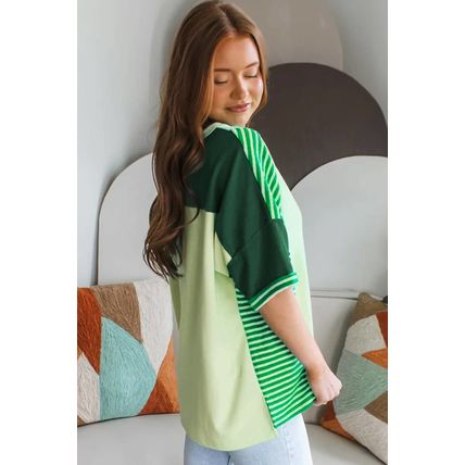 Mint Green Striped Patchwork Textured Colorblock 3/4 Sleeve Knit Top