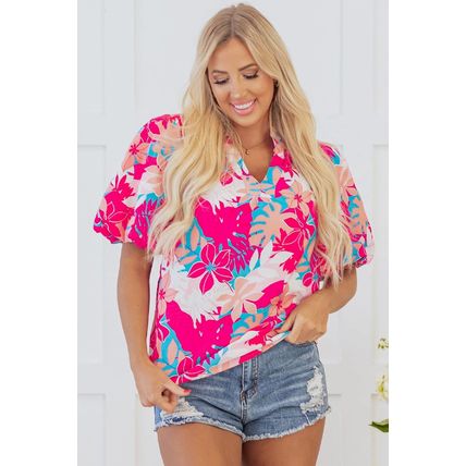 Rose Tropical Plant Printed V Neck Puff Sleeve Blouse