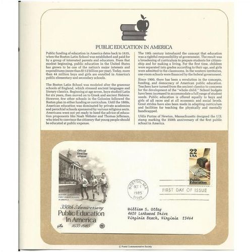 PUBLIC EDUCATION 350th Anniversary ' OFFICIAL FIRST DAY of ISSUE ' (1985)