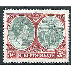 St Kitts-Nevis 1945 SG77b 5/- Bluish-Green & Scarlet Ord Paper Mounted Mint ....