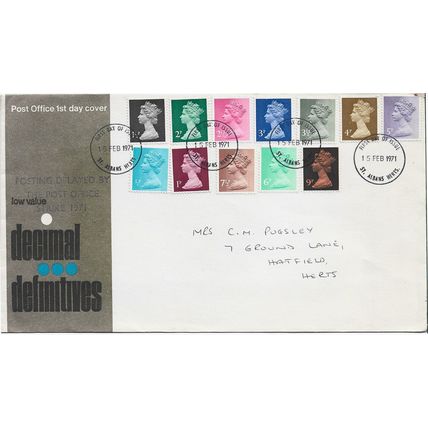 GB 1971 1st decimal Definitive set FDC St Albans pm Marked Posting delayed