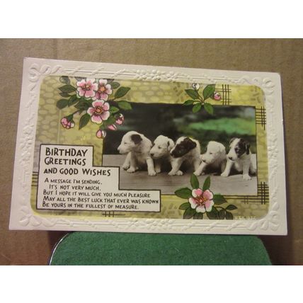 BIRTHDAY GREETINGS .used vintage postcard RP 1935 pm 5 puppies =