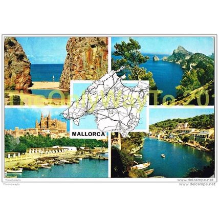 4 SCENES & MAP, MALLORCA, SPAIN, 1968, Postcard