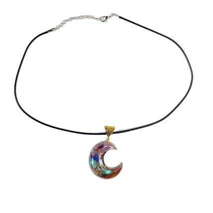 Crescent Moon Pendant Resin With Copper Detail 3.5cm x 4cm 44cm long waxed