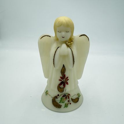Fenton Art Glass Opal Satin Poinsettia Angel Bell Gold Bird Accents Hand Painted