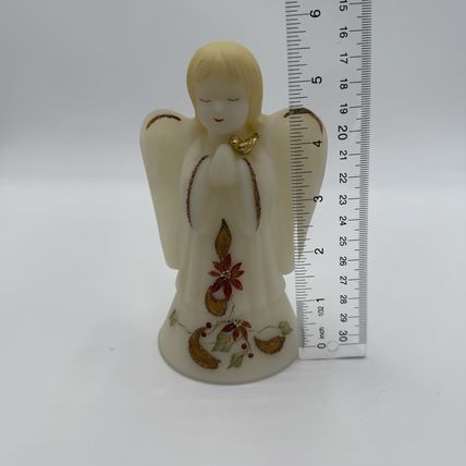 Fenton Art Glass Opal Satin Poinsettia Angel Bell Gold Bird Accents Hand Painted