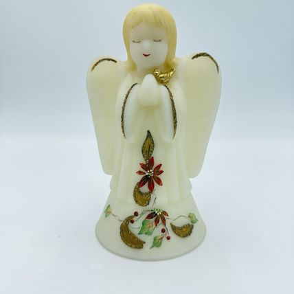 Fenton Art Glass Opal Satin Poinsettia Angel Bell Gold Bird Accents Hand Painted