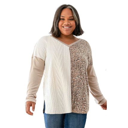Gray Plus Size Leopard Patchwork Mix Knit Long Sleeve Top
