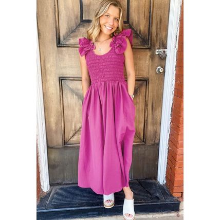 Rose Red Solid Color Ruffled Straps Smocked Ruched Maxi Dress