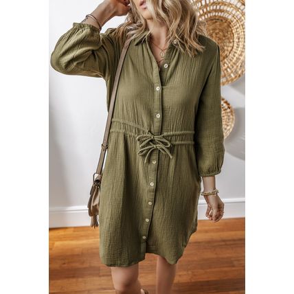 Jungle Green Textured Bracelet Sleeve Collared Button Up Dual Tied Mini Dress