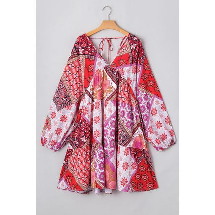 Rose Mixed Floral Long Sleeve V Neck Lace-up Hollowed Back Plus Size Dress