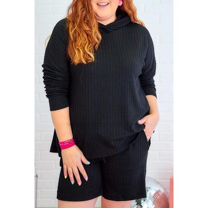 Black Textured Hoodie and Shorts Plus Size Two Piece Set