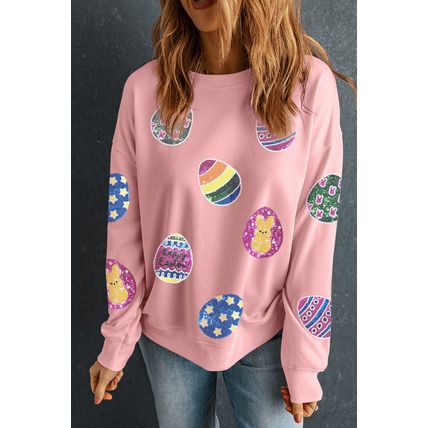 Pink Sequined Easter Egg Patched Pullover Sweatshirt