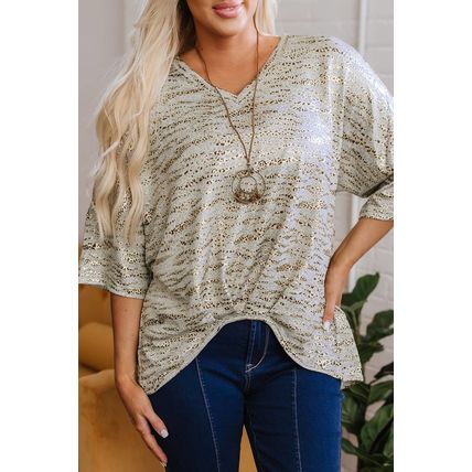 Gray Leopard Print Half Sleeve V Neck Loose Fit T Shirt