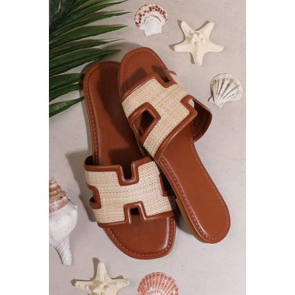 Coffee Faux Raffia Detail Hollowed Open Toe Slippers