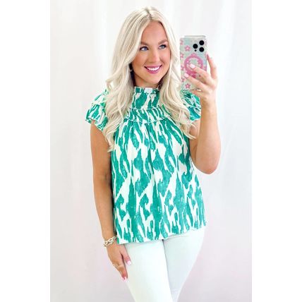 Sky Blue Abstract Print Frilled Crewneck Loose Fit Blouse