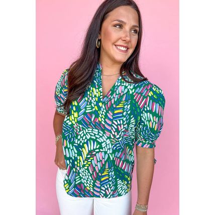 Green Brushwork Geometric Print Puff Sleeve Notched Neck Blouse