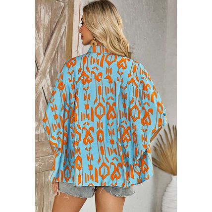 Sky Blue Abstract Print Dolman Short Sleeve Western Loose Shirt