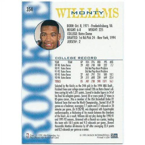 1994-1995 Hoops - #354 - Monty Williams RC