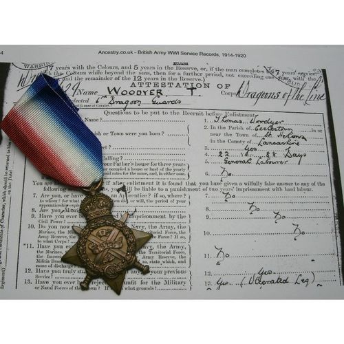 WW1 Medal 1914 Mons Star 6th Dragoons Wounded from St Helens Thomas Woodyer
