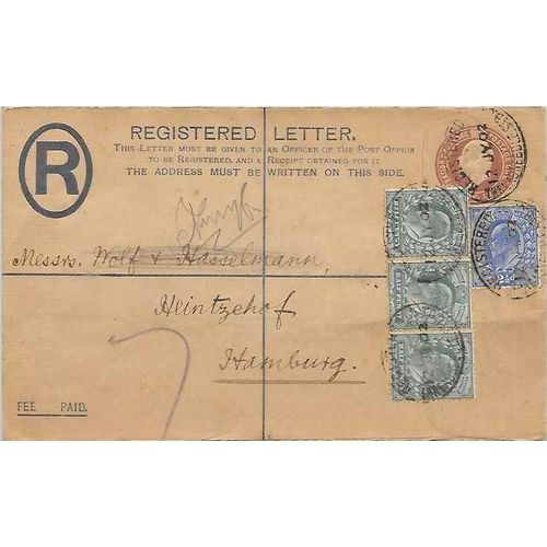 GB REGISTERED Postal Sta. uprated to Germany 1902 early Edward