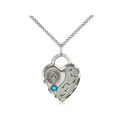 Footprints, Heart Pendant (sterling silver) Zircon Birthstone, 18 Inch Chain