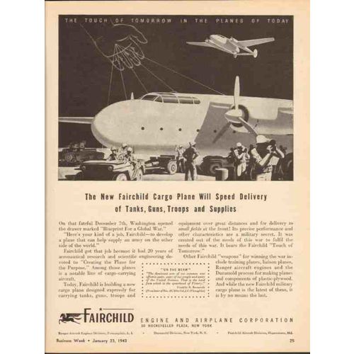 FAIRCHILD ENGINE AIRPLANE CO 1943 cargo plane deliver tanks vintage ad