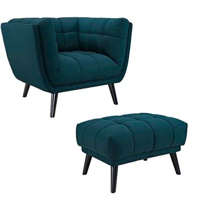 Mid-Century Lounge Arm Chair & Ottoman Tufted Fabric Ottoman Gray, Teal, Blue