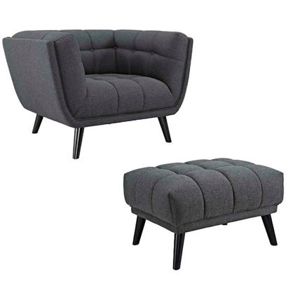 Mid-Century Lounge Arm Chair & Ottoman Tufted Fabric Ottoman Gray, Teal, Blue