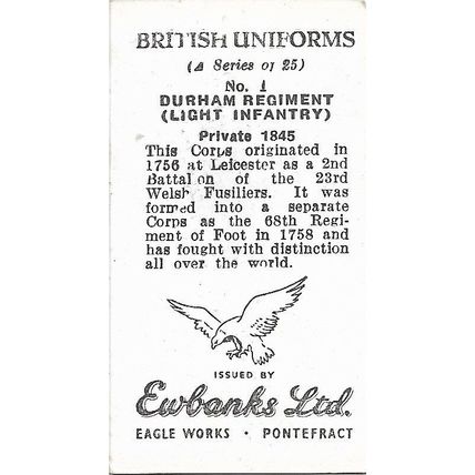 British Uniforms 1956 Ewbanks Sweet Card 1 - Durham Regiment (Light Infantry)