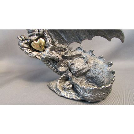Vintage DRAGON HEART Pewter Dragon with Gold Heart Pewter Figurine TSR D&D