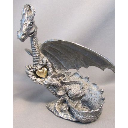 Vintage DRAGON HEART Pewter Dragon with Gold Heart Pewter Figurine TSR D&D