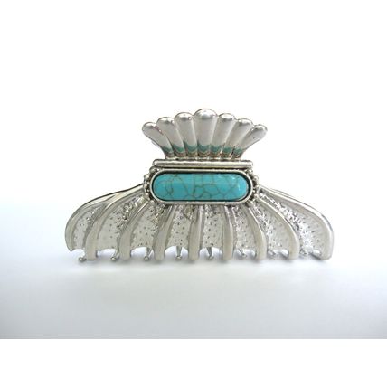 Hair claw clip turquoise blue stone textured silver metal western design