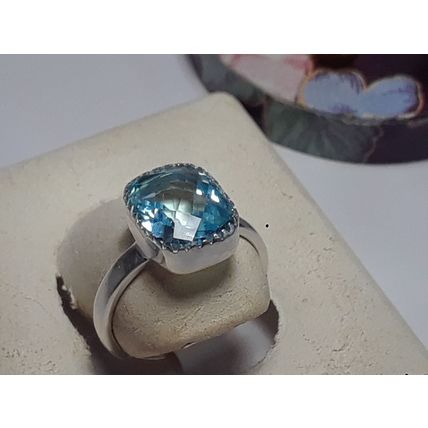 4.0ct 11X9mm Emerald Cut Blue Topaz Sterling Silver crown top Bezel Ring #20046